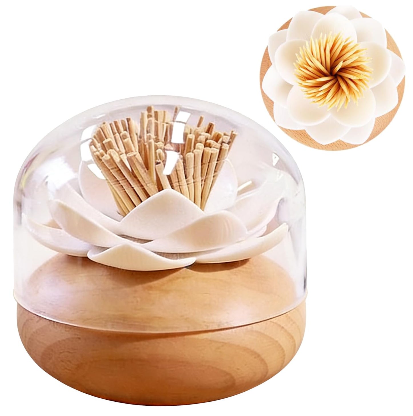 GZJINYUA Toothpick Holder Dispenser Lotus Q tip Holder Wood Toothpick Holder, Tooth Picks Beech Toothpick Holders White Flower Decorative for Kitchen Table Decorations Cute Gifts -with 80 Toothpick