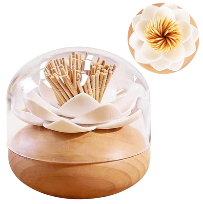 GZJINYUA Toothpick Holder Dispenser Lotus Q tip Holder Wood Toothpick Holder, Tooth Picks Beech Toothpick Holders White Flower Decorative for Kitchen Table Decorations Cute Gifts -with 80 Toothpick