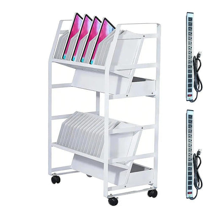 32 Device Mobile Charging Cart，Metrixpio Double-Layered Rolling Computer Cart with Socket Portable Ipad Storage & Laptop Cart for Teachers & White-Collar Workers