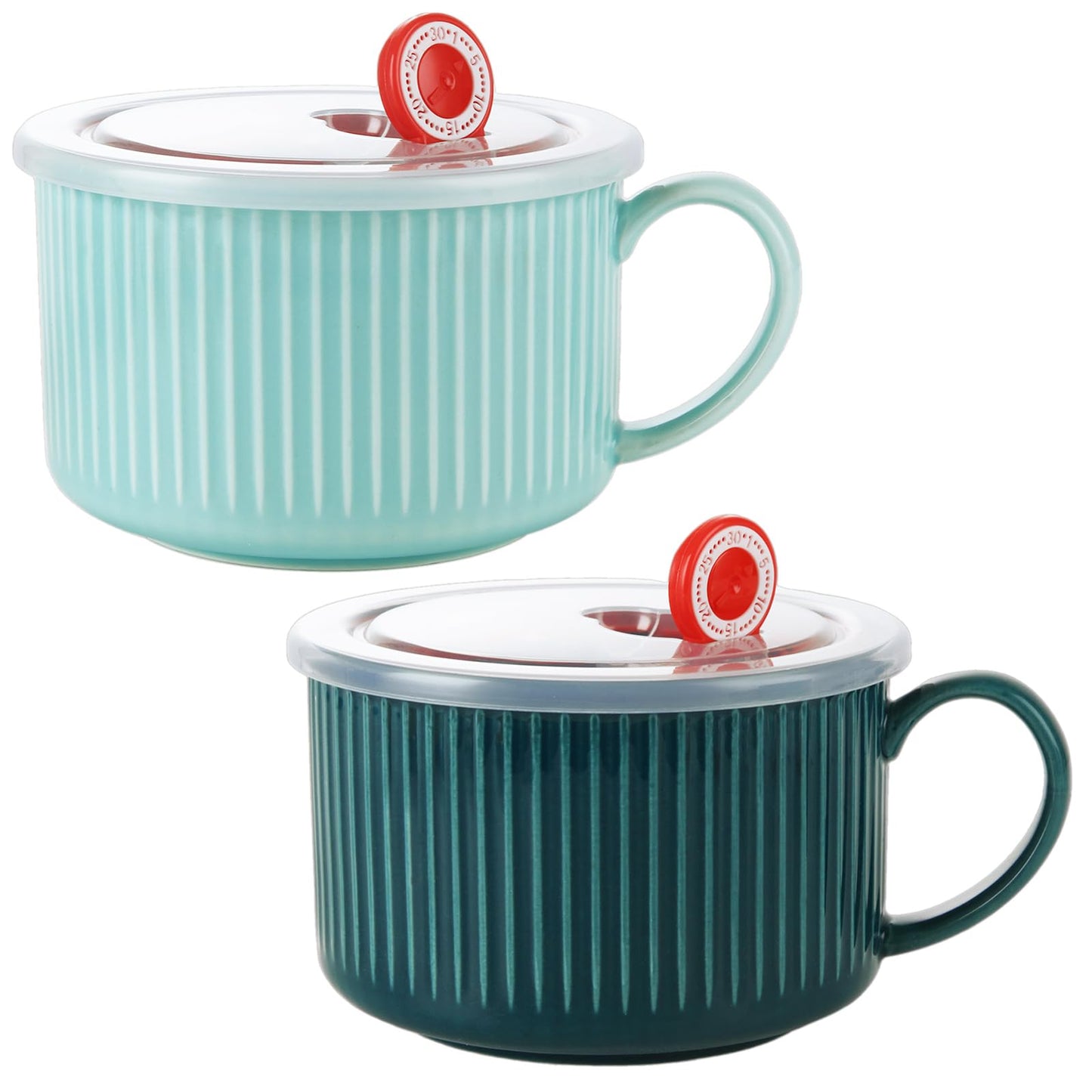 ASelected 2PCS Soup Bowls with Handles, 3.6×7.1Inch Ceramic Bowl with Lid, Blue, Dark Green Soup Mugs with Handles, Microwave Soup Mug with Lid for Soup, Noodles, Oatmeal