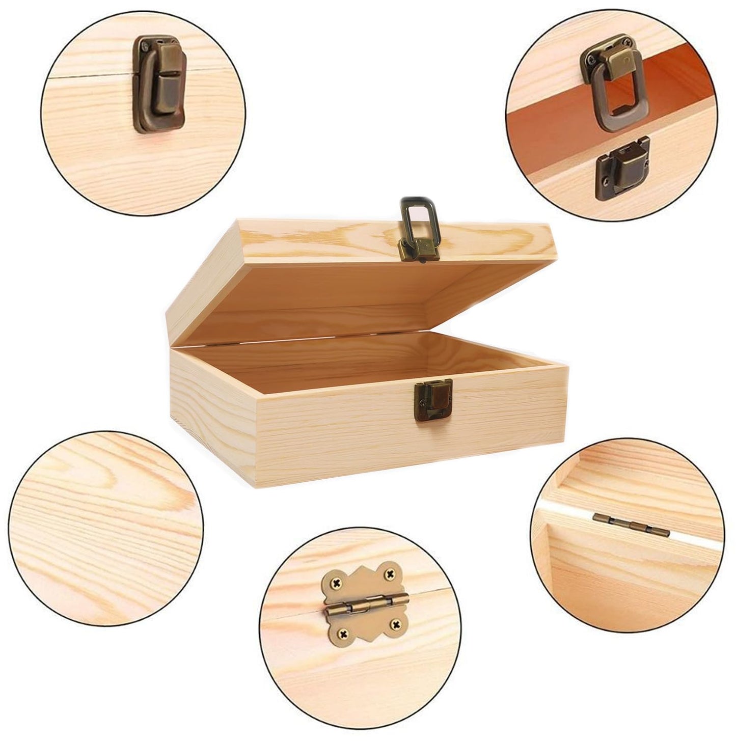 YXFZPAN Wooden Box with Hinged Lid - 8x6x3 Inch Natural Gift Box for Craft DIY Jewelry Boxes - Small Reusable Storage for Home Decor Art Supplies