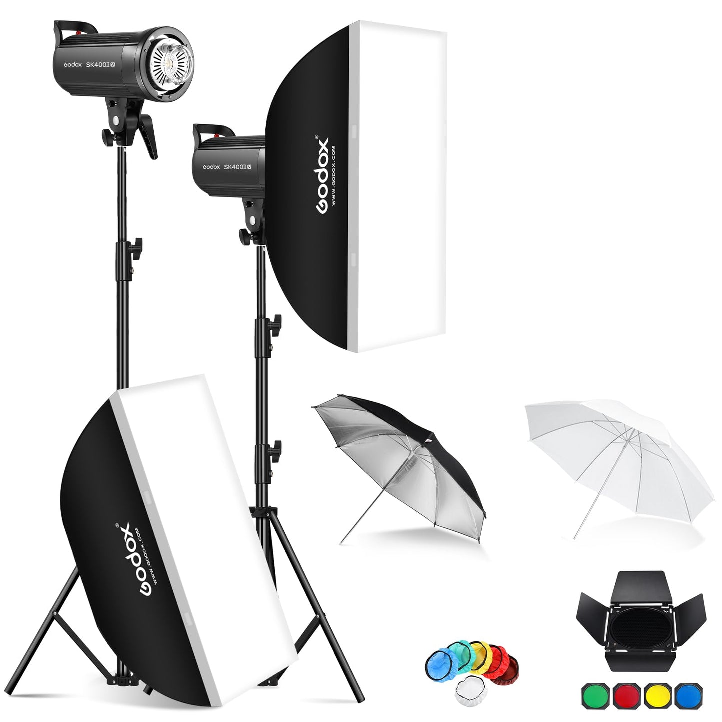Godox SK400IIV 800W Professional Studio Strobe Flash 2Pack Kit 5700±200K with Standard Reflector,BD-04,Softbox,Umbrella,Light Stand,for Photography 2.4G Wireless X System Bowens Mount