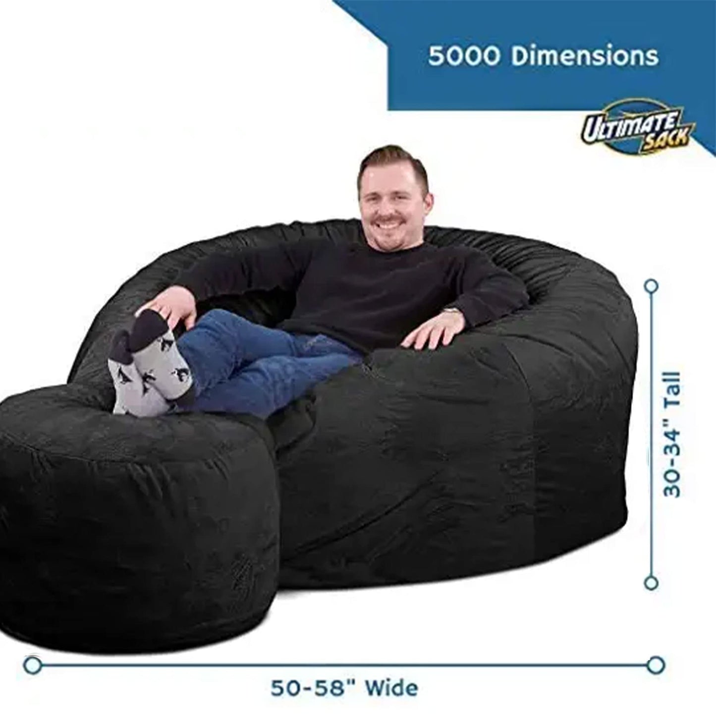 ULTIMATE SACK 5000 5-Foot Bean Bag Chair with Footstool, Charcoal Fur Cover – Oversized Foam Lounger, Floor Seat, Small Sofa, or Couch Bed for Living Area, Gaming Room, or Reading Lounge