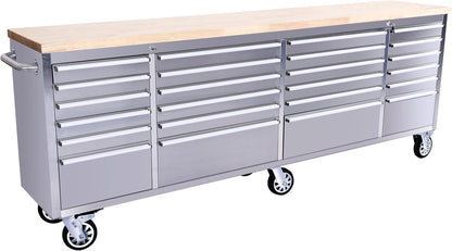PeakPursuit 96" Rolling Tool Chest with 24 Drawers, Solid Rubber Wood Workbench Top, Locking Wheels & Key Lock, Mobile Garage Storage Cabinet for Workshop Organization, Silver