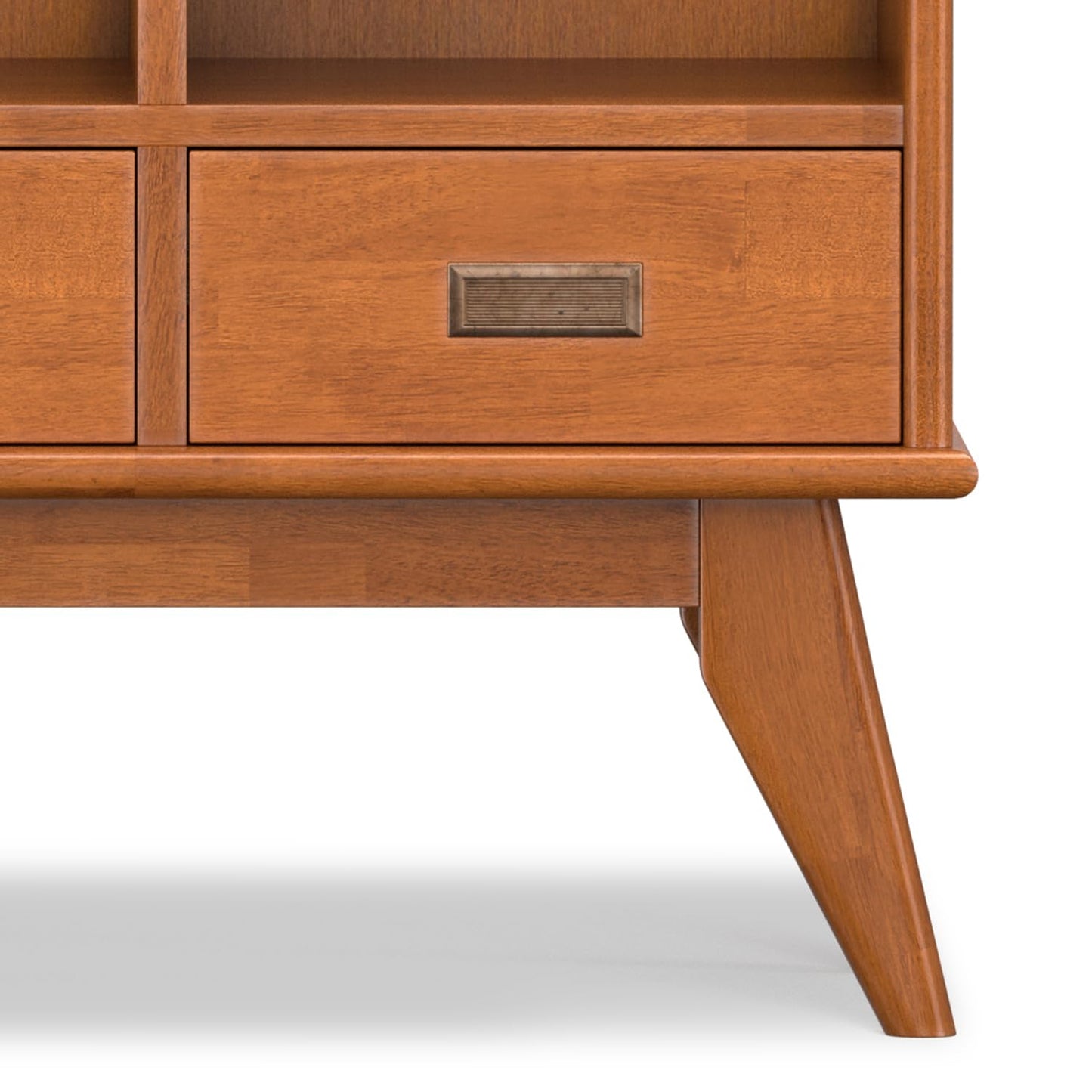 SIMPLIHOME Draper Bookcase - 58 inch Tall 9-Cube Solid Hardwood Cube Organizer with Drawers in Teak Brown, Mid-Century Storage for Living Room, Entryway or Bedroom with Cubbies and Angled Legs