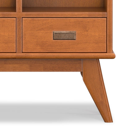 SIMPLIHOME Draper Bookcase - 58 inch Tall 9-Cube Solid Hardwood Cube Organizer with Drawers in Teak Brown, Mid-Century Storage for Living Room, Entryway or Bedroom with Cubbies and Angled Legs