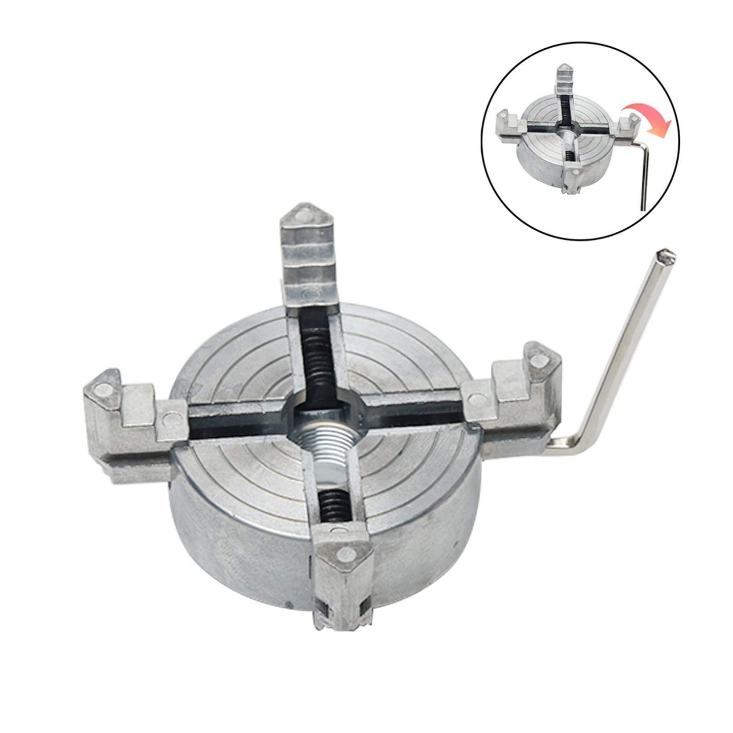 Z011 4-Jaw Lathe Chuck, Mini Lathe Chuck with Connecting Rod and Wrench, Self Centering Wood Turning Chucks, Power Lathes Accessory