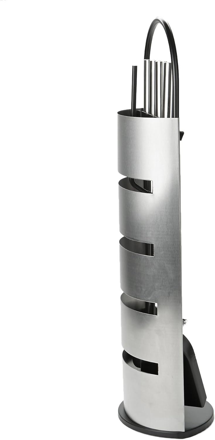 Mind Reader Fireplace Set with Stand - 4 Pcs, Durable Steel, Brush, Shovel Scoop, Poker, Tongs, Silver