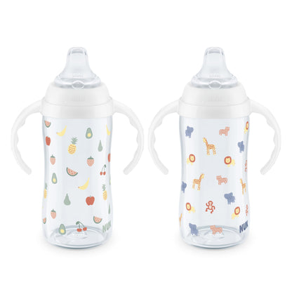 NUK Learner Cup, 8+ Months, Fun Fruits and Animals, Amazon Exclusive Collection, 10 Oz, Pack of 2, BPA-Free, Soft Spout, Spill Proof Sippy Cup