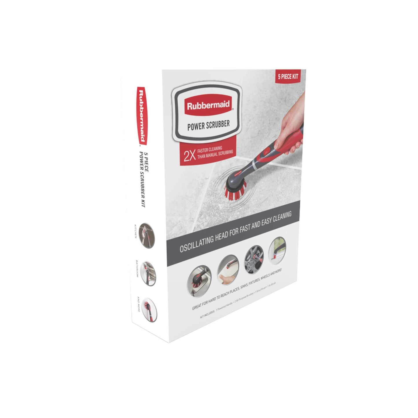 Rubbermaid Reveal Power Scrubber 5-Piece Kit, Cordless Electric Battery Powered Spin Scrub Brush, Water Resistant, for Home/Kitchen/Bathroom/Grout/Tile/Shower/Tub