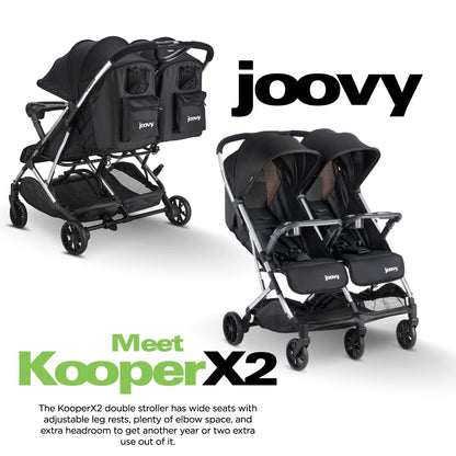 Joovy Kooper X2 Double Stroller, Lightweight Travel Stroller, Compact Fold with Tray, Black