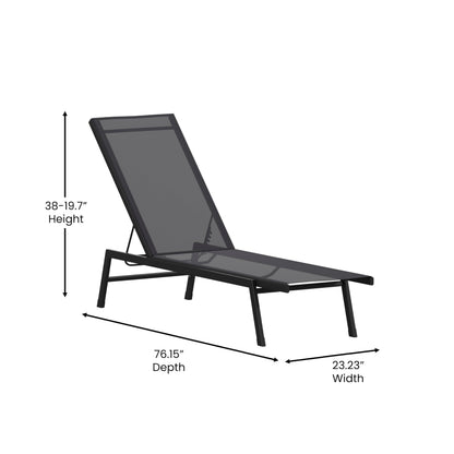 EMMA + OLIVER Braelin Adjustable Patio Chaise Lounge - Black Textilene Seat - Armless Design - 5 Recline Positions - Metal Frame - All-Weather - Set of 2