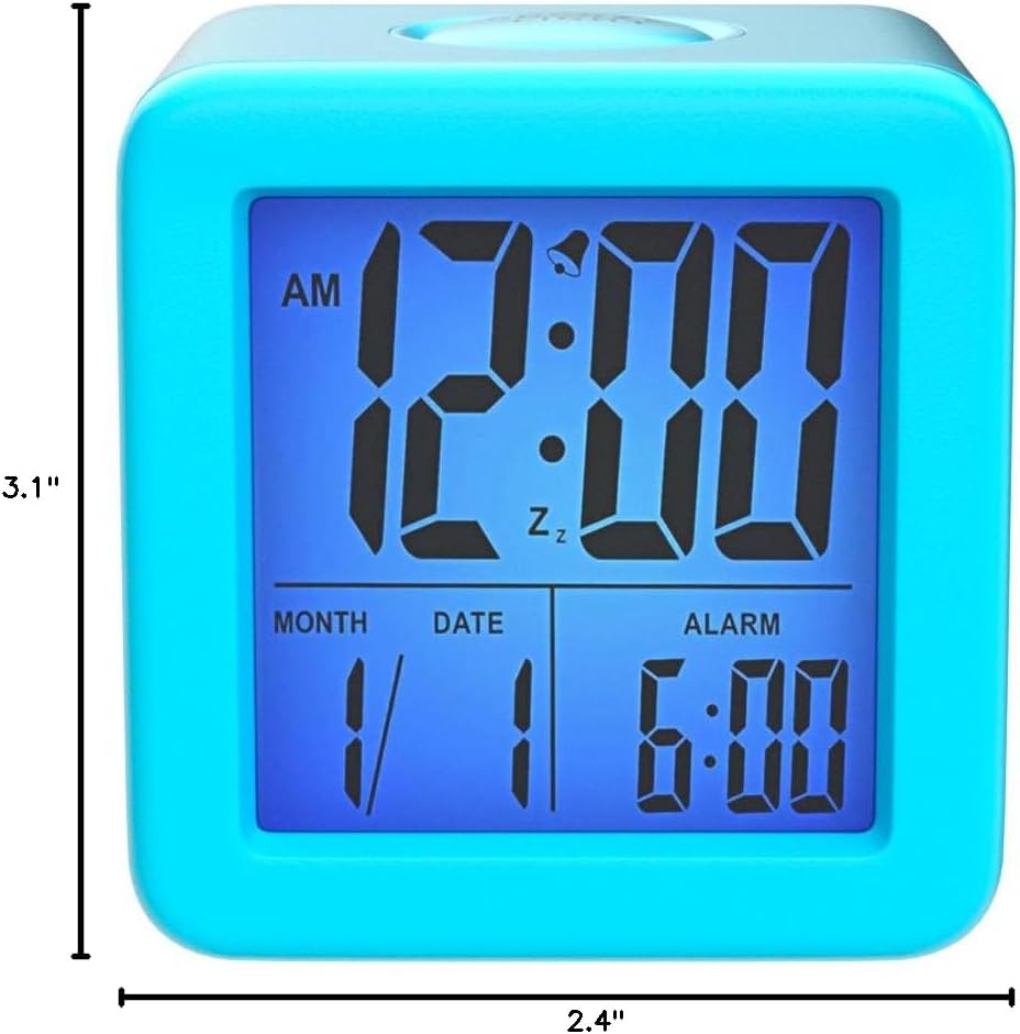 Plumeet Digital Alarm Clock for Kids, Snooze and Nightlight, Easy Setting Silicone Clock, Battery Powered (Blue)