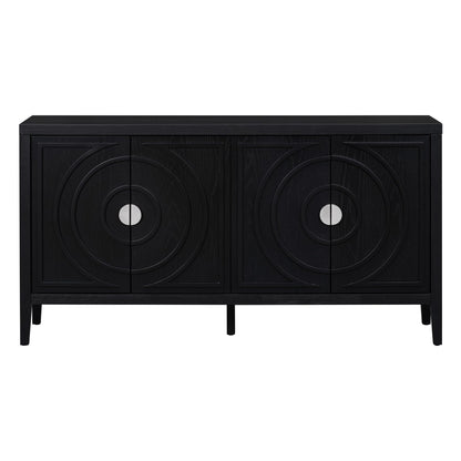 Jintop Retro Sideboard with Circular Groove Design Round Metal Door Handle,Wooden Buffet Cabinet,W/Adjustable Shelves & Open Countertop,for Entrance Living Dinning Room,Black