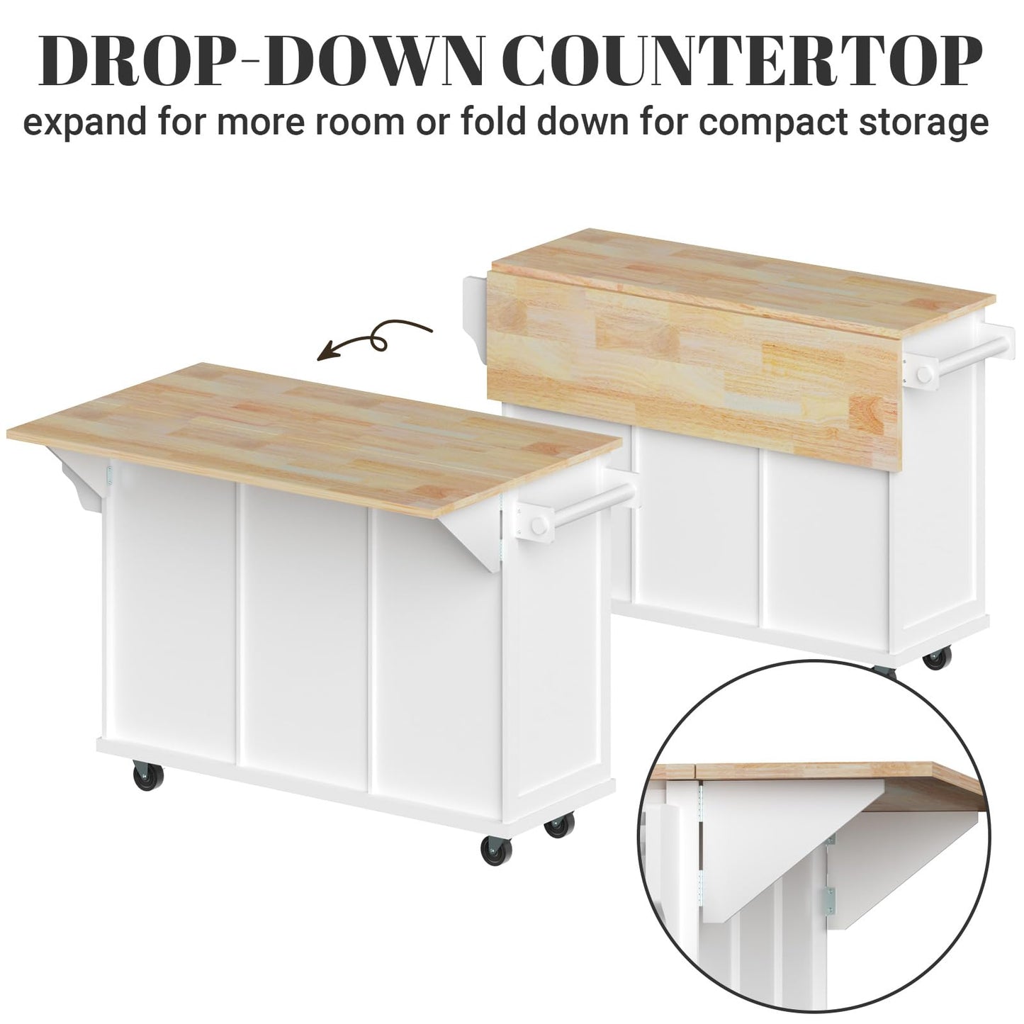 Rovibek Kitchen Island with Drawers 53 in Rolling Island Cart Mobile Solid Wood Portable Islands on Wheels with Storage Cabinet & Drawers, White