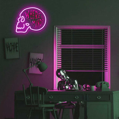 MOERBENCHI Skull Where is My Mind Neon Signs for Wall Decor, USB Dimmable Pink Skeleton LED Neon Light Sign for Bedroom Man Cave Beer Bar Club Game Room, Halloween Party Decor Gift