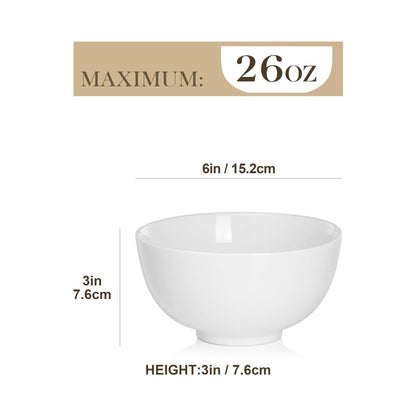 MALACASA 26 oz Porcelain Soup Bowls, White Ceramic Cereal Bowls for Kitchen 6 inch Bowls Set of 6 for Oatmeal Salad Fruit Rice Dishwasher and Microwave Safe, Series Regular