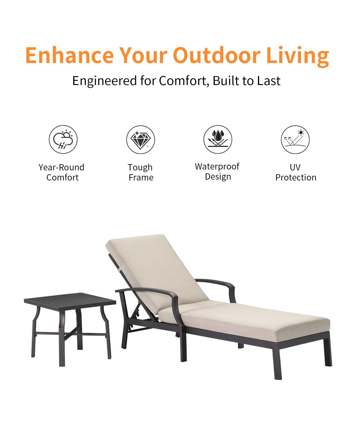 SEEHILL 2 Pieces Lounge Chair Set, Outdoor Chaise Lounge Set, Never-Rust Aluminum Pool Lounge Set with Gray Cushion, 6-Position Adjustable Patio Chaise with Outdoor Side Table for Poolside, Gunmetal