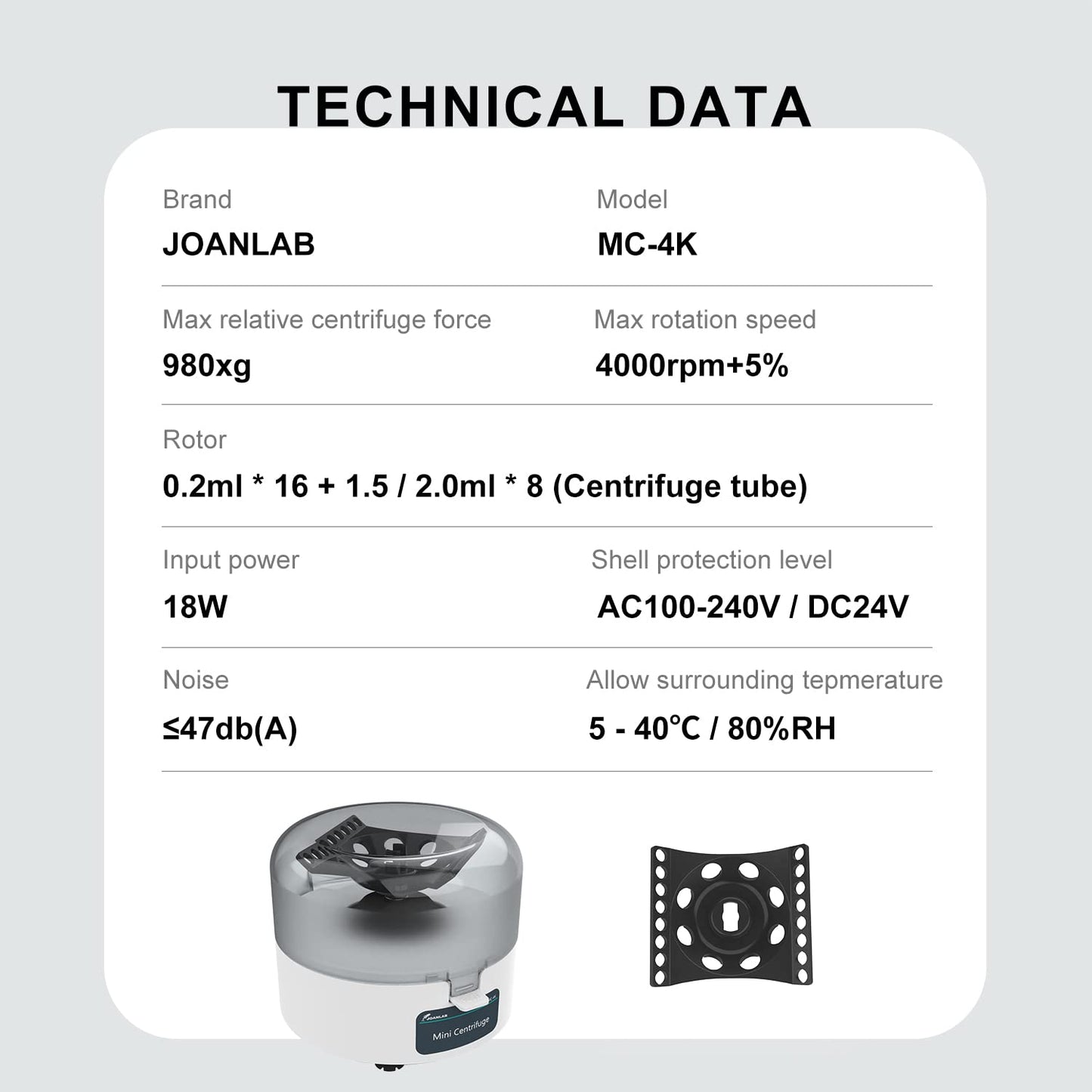 Mini Centrifuge Machine 4000RPM 0.2ml/1.5ml/2ml with 2-in1 Rotor Portable Lab Equipment Microcentrifuge Machine