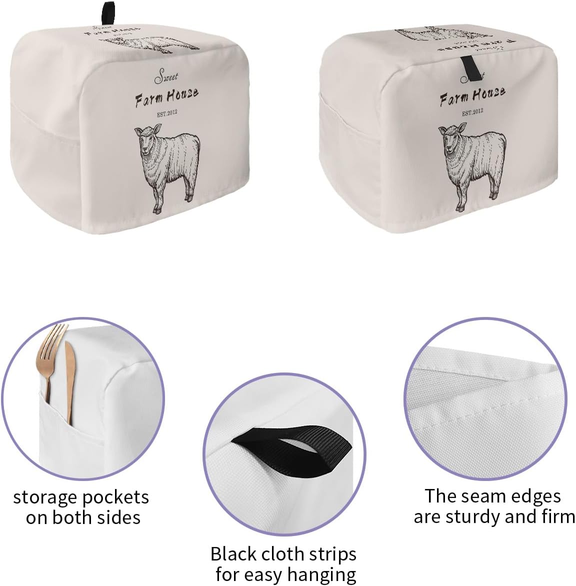 Toaster Dust Cover with Pockets, Farm House Alpaca American Rustic Style, Soft Washable 2 Slice Cover for Fingerprint