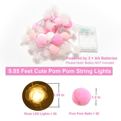 ChiRee 9.85Ft String Lights 20 Cute Pink Pompoms 20 LEDs Rose Fairy Lights Garland Battey Operated with Timer Flower Lights for Bedroom Kids Room Party Birthday Wedding Valentines Decorations