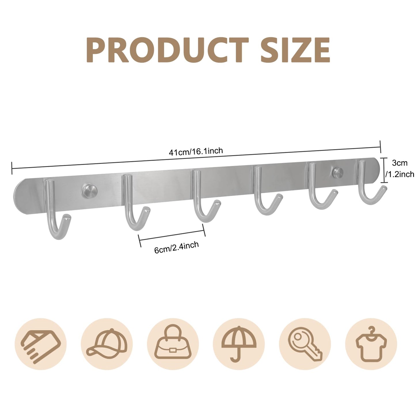 Coat Hook Rack Wall Mounted - Sagmoc Towel Hook Rail with 6 Round Hooks/16-inch/304Stainless Steel Brushed Nickel/Super Easy Installation/Rust and Water Proof/Perfect Home Storage & Organization