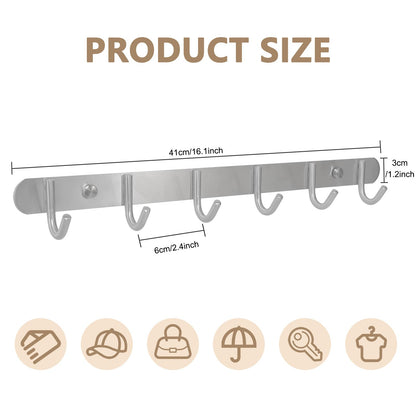 Coat Hook Rack Wall Mounted - Sagmoc Towel Hook Rail with 6 Round Hooks/16-inch/304Stainless Steel Brushed Nickel/Super Easy Installation/Rust and Water Proof/Perfect Home Storage & Organization