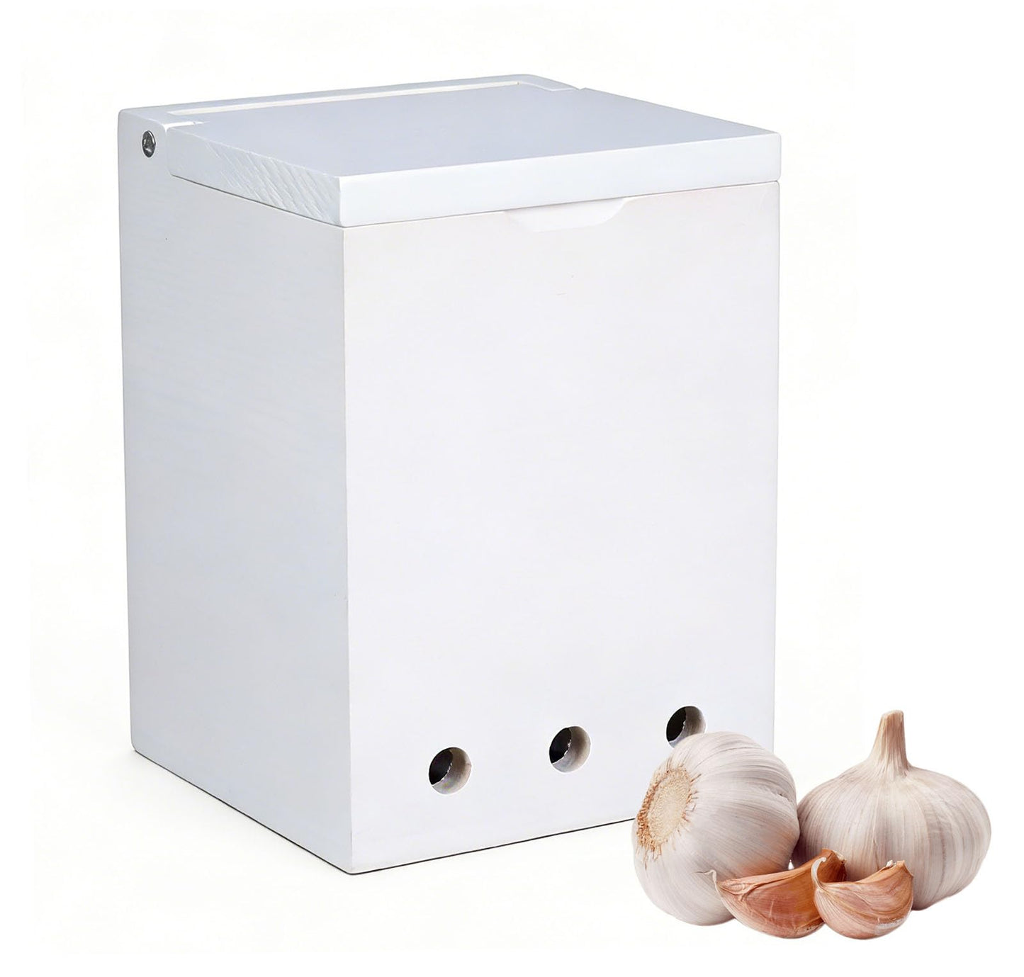 Mowhut Garlic Keeper for Countertop, Wooden Storage Box with Solid Wood Cover, Ventilation Holes, White Holder Container for Kitchen Pantry, Ginger and Shallots