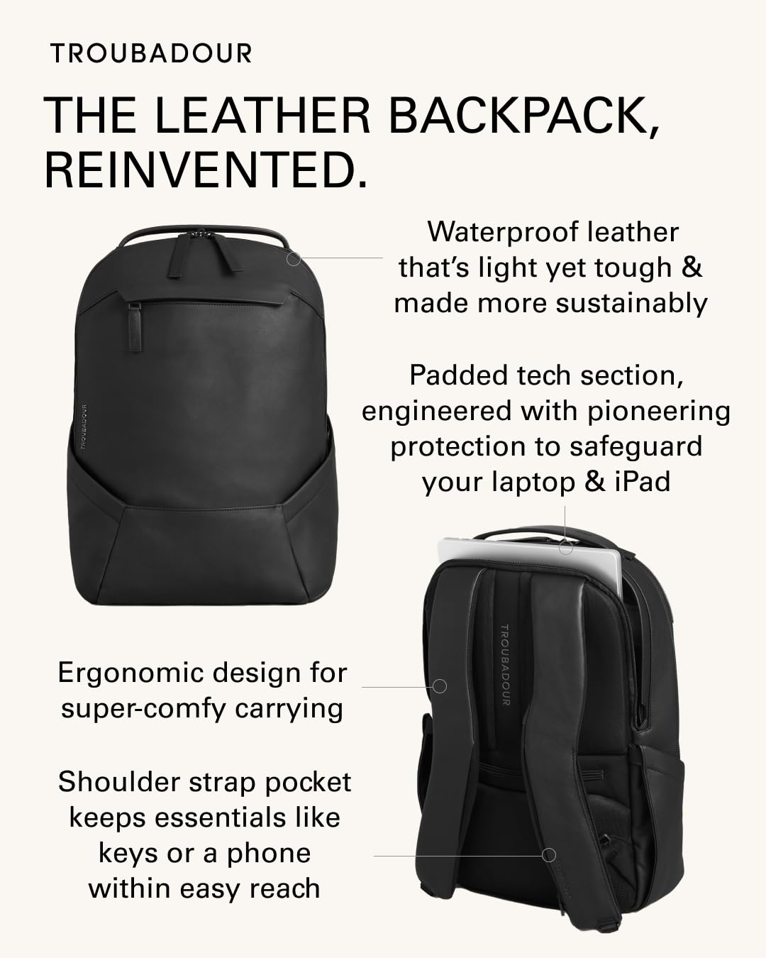 Troubadour Apex Leather Backpack - Innovative Waterproof Leather Laptop Backpack Fits Up to 16" - Ergonomic Design for Ultimate Comfort and Function - 5-Year Guarantee