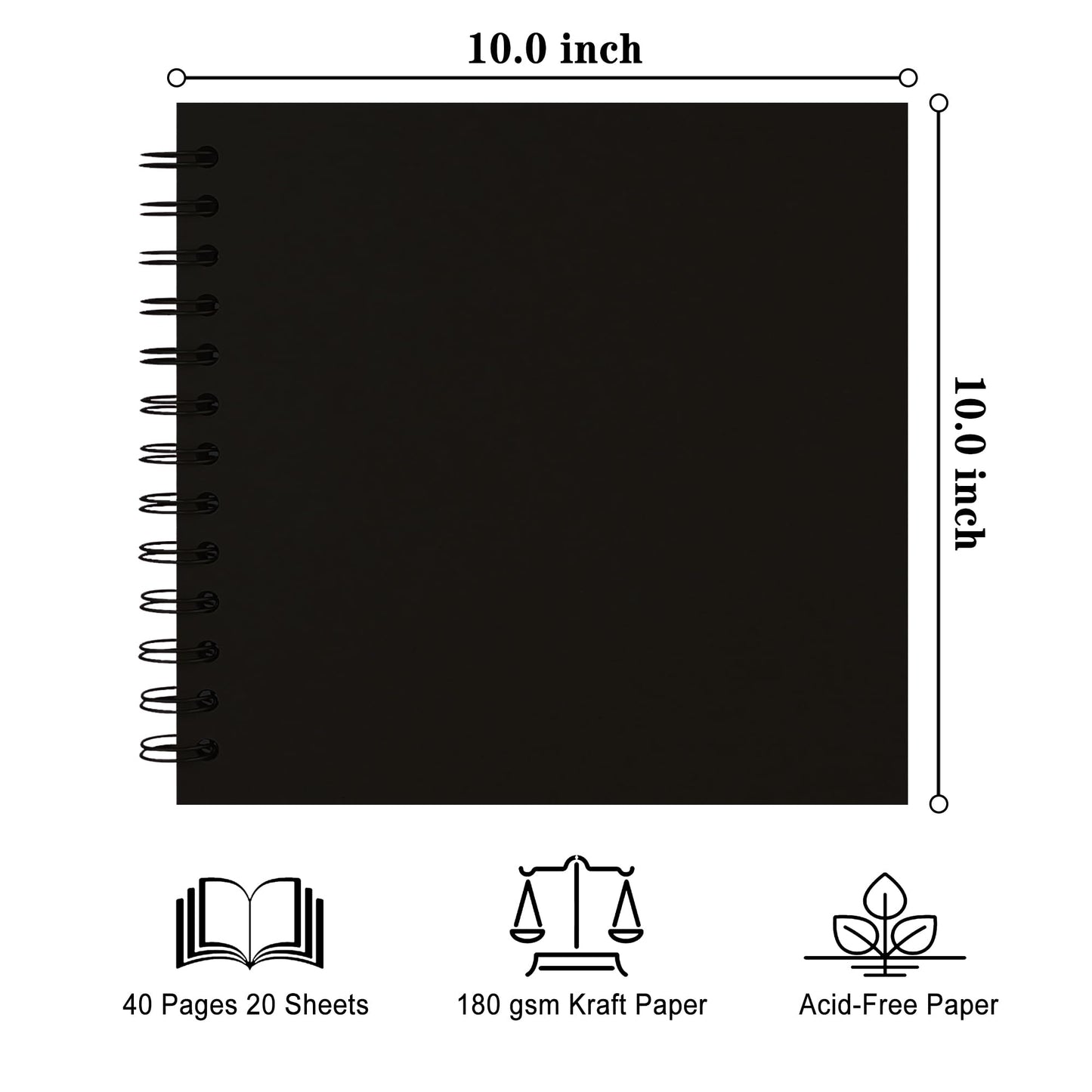 DIY Scrapbook Album 10x10 Inch 40 Pages (20 Sheets) – Hardcover Kraft Paper Photo Book, Blank Memory Scrap Book for DIY Crafts, Wedding, Anniversary, Black