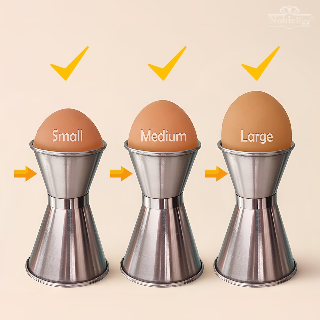 NobleEgg Egg Cups for Soft Boiled Eggs, All Sizes, Topper, Spoons, 18/8 Stainless Steel, Set for 2