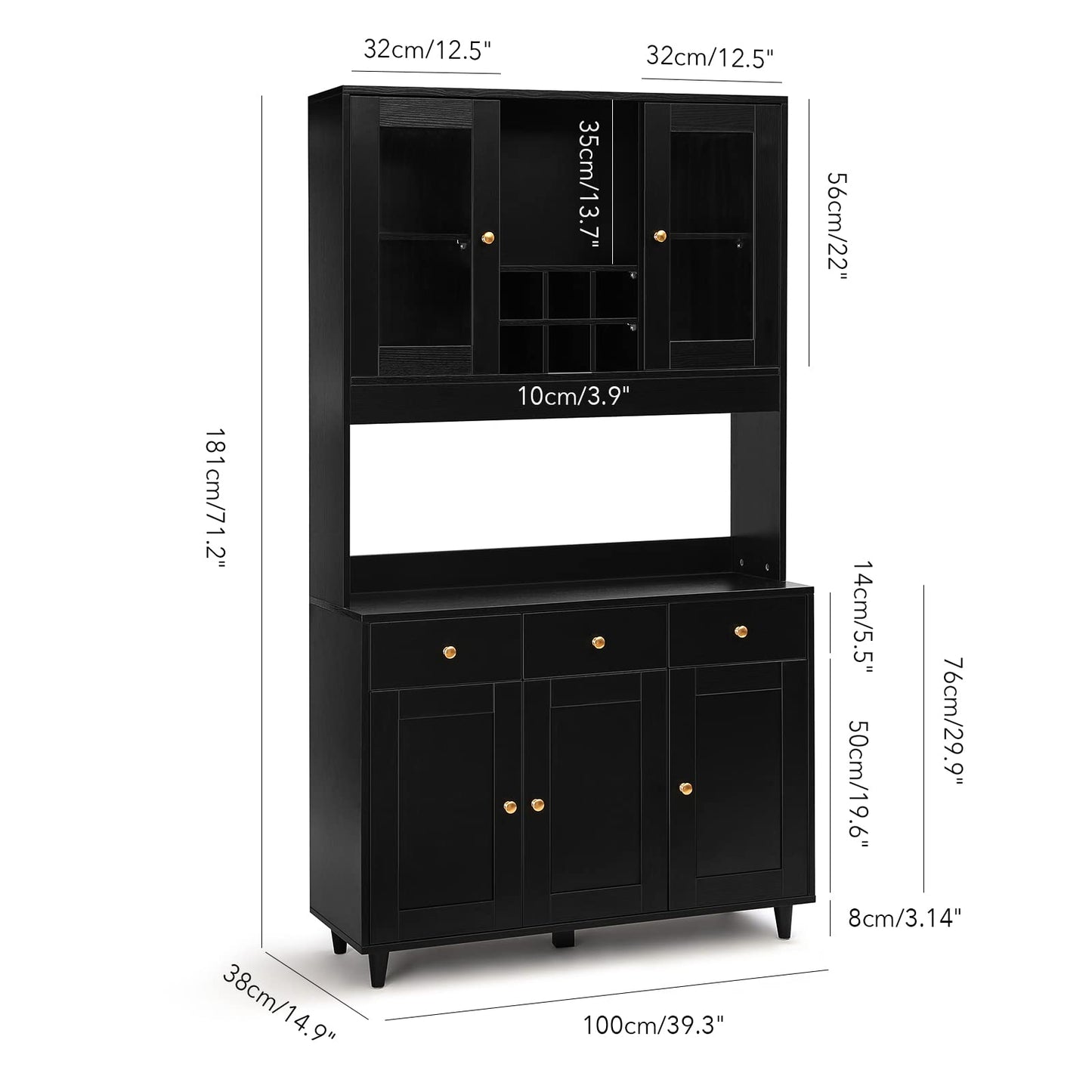 VOWNER 71" Traditional Freestanding Kitchen Pantry Storage Cabinet, Pantry Cabinet with 3 Drawers and 5 Storage Cabinets, Black
