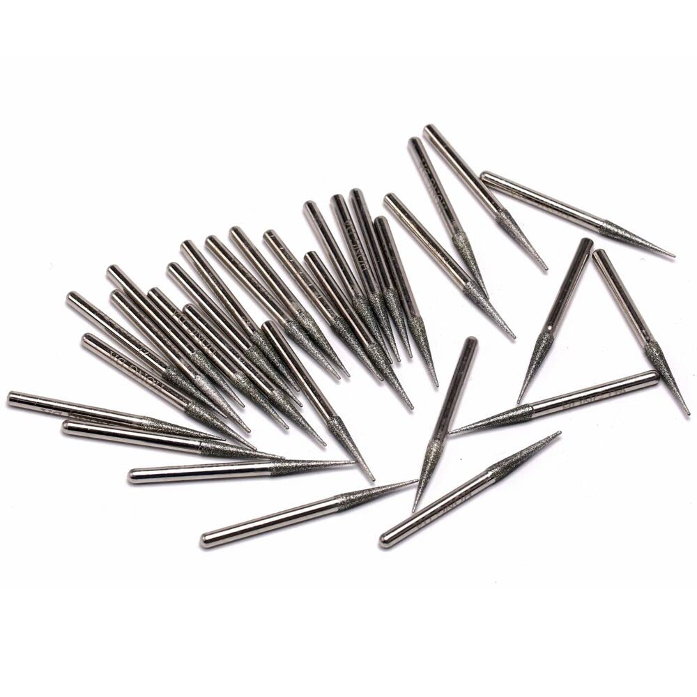JINGLING 30Pcs 3.2mm Tapered Point Diamond Grinding Bit 1/8" Cone Rotary Burrs for Dremel