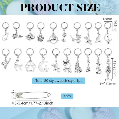 PH PandaHall 20 Styles Cat Stitch Markers with 4PCS Safety Pins Paw Print Moon Crochet Stitch Marker Charms Antique Silver Kitten Knitting Locking Marker for Weaving Quilting Sewing Jewelry Making