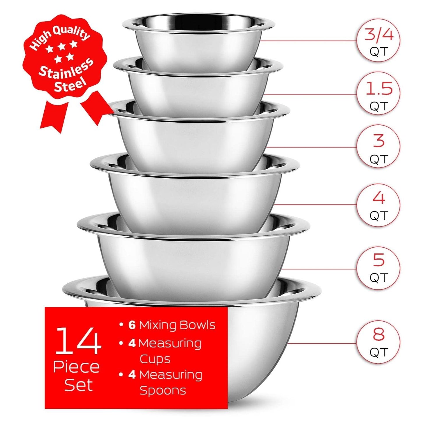 EATEX Stainless Steel Mixing Bowls with Measuring Cups & Spoons Set of 14 - Dishwasher Safe Nesting Mixing Bowl Set for Cooking, Baking & Meal Prep Non-Slip Premium Bowls