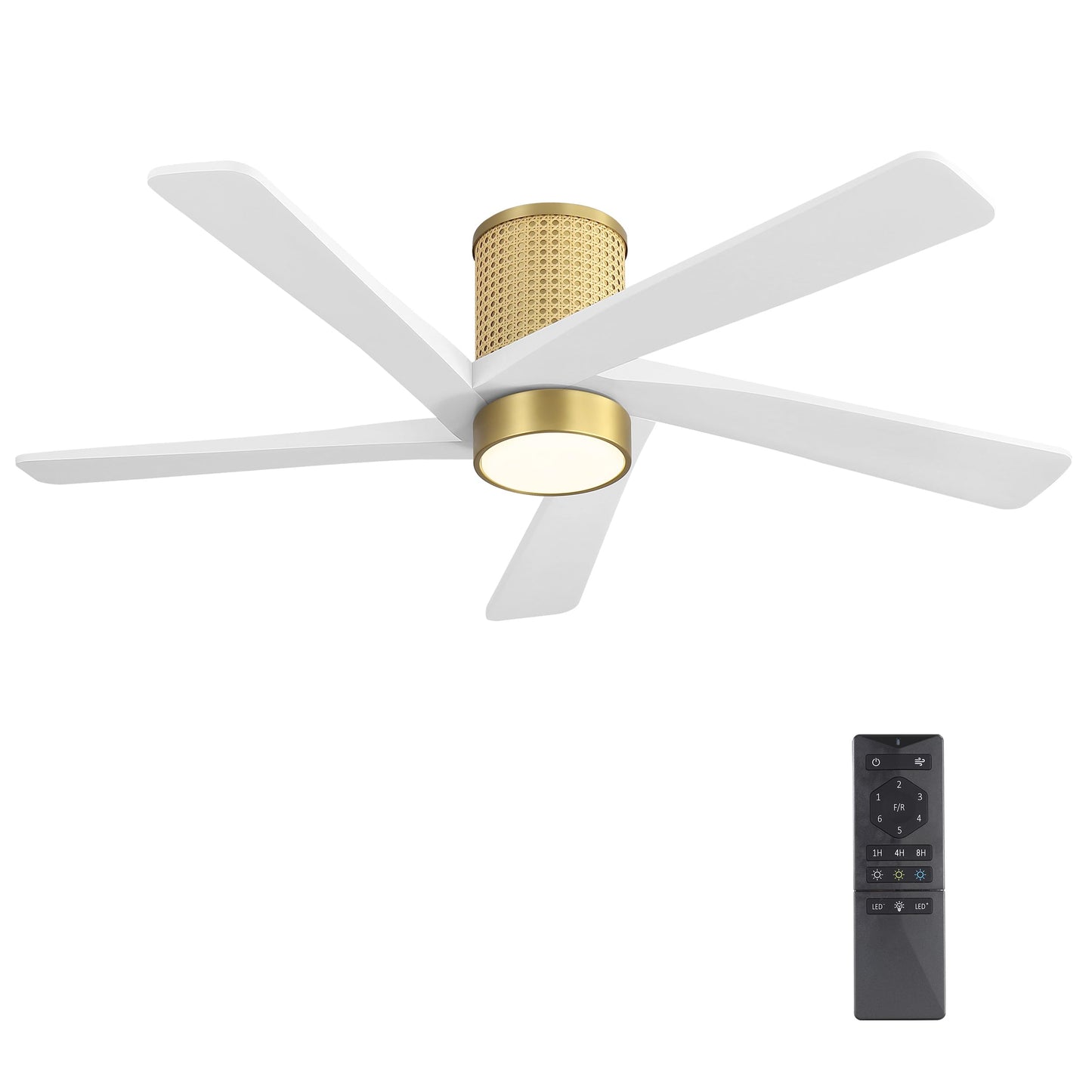 WINGBO 54 Inch Flush Mount Rattan Ceiling Fan, 3CCT Dimmable Light, 5 Carved Wood Blades, 6-Speed Reversible DC Motor, Modern Ceiling Fans for Indoor, Aged Brass Finish and White Blades