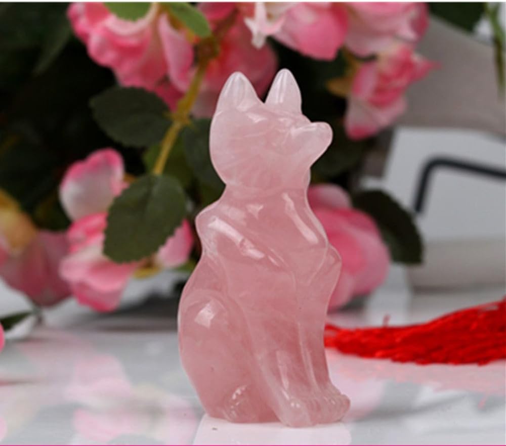 AITELEI Natural Hand Carved Pink Rose Quartz Fox Statue Charm for Good Luck, Grounding Stone Protection Decor