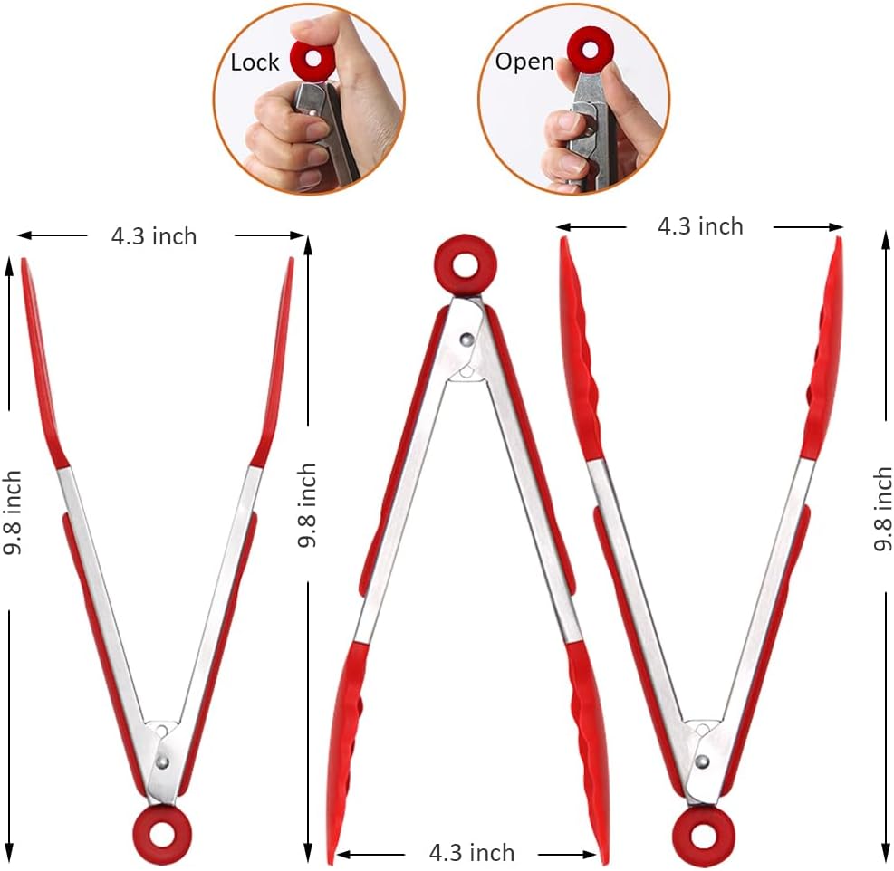 9 Inch Small Kitchen Tongs, Set of 3 Silicone Cooking Tongs with Stainless Steel Handle for Cooking, Serving (Red)