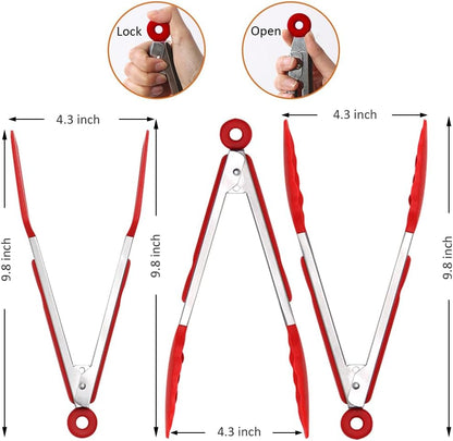 9 Inch Small Kitchen Tongs, Set of 3 Silicone Cooking Tongs with Stainless Steel Handle for Cooking, Serving (Red)