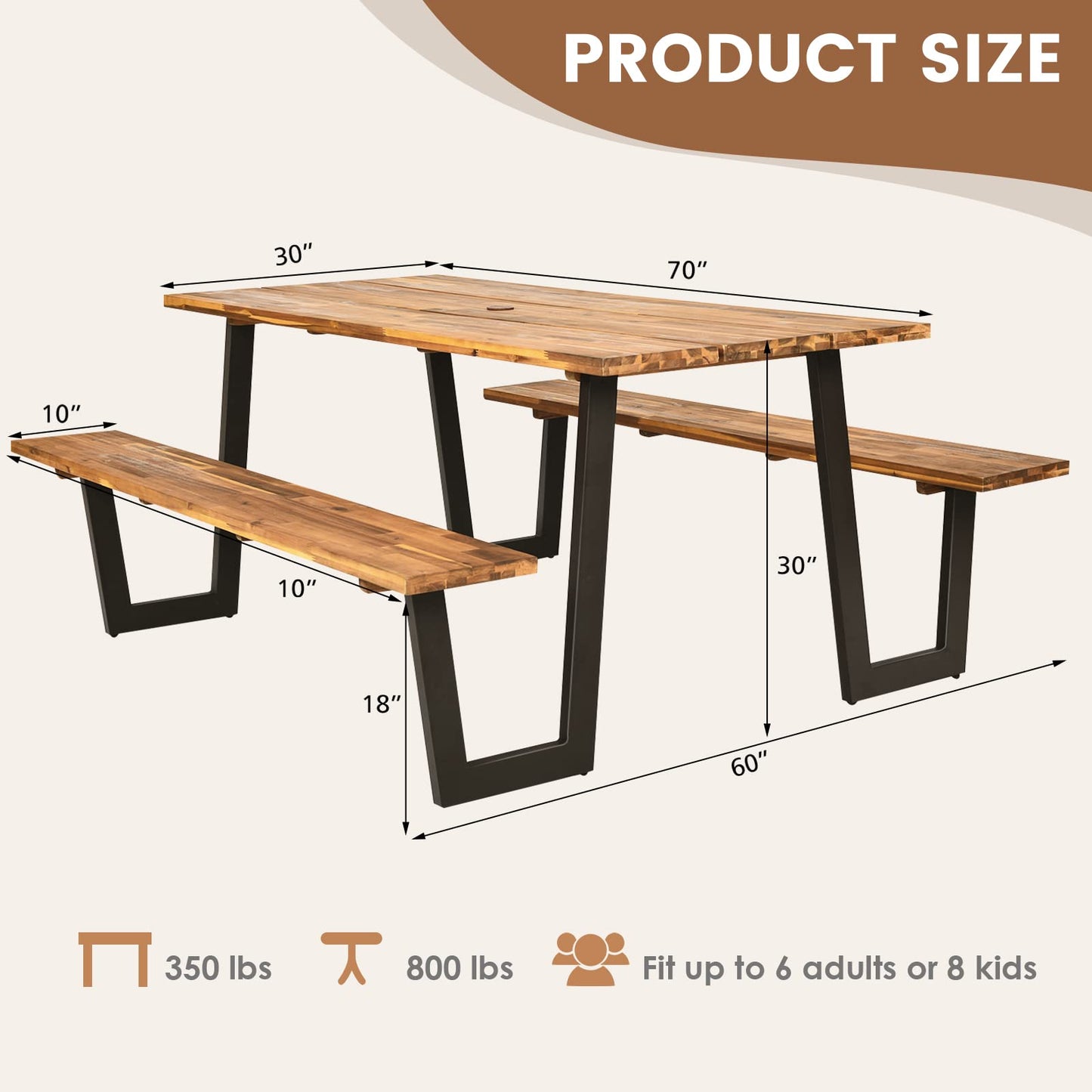 S AFSTAR 70" Outdoor Picnic Table, Heavy Duty Wooden Table and Bench Set with Umbrella Hole, All-Weather Acacia Wood Picnic Tables for 6, Garden, Backyard, Porch, Patio