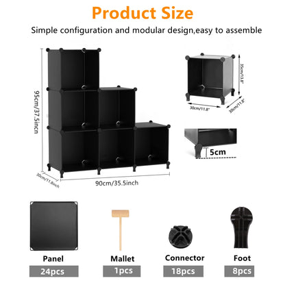 AWTATOS Cube Storage Organizer, Storage Cubes Shelves Bookshelf, 6 Cube Closet Organizers and Storage, DIY Stackable Plastic Clothes Organizer Shelving for Bedroom, Home, Black