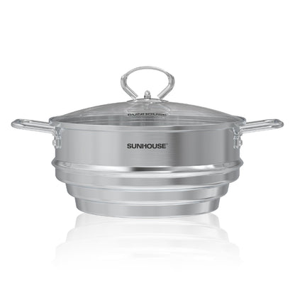 SUNHOUSE 5 Quart Stainless Steel Steamer Insert – Multi-Purpose Soup & Food Steamer with Stay-Cool Handles & Heavy-Duty Glass Lid – Fits Various Pot Sizes (8", 8.5", 9.5")