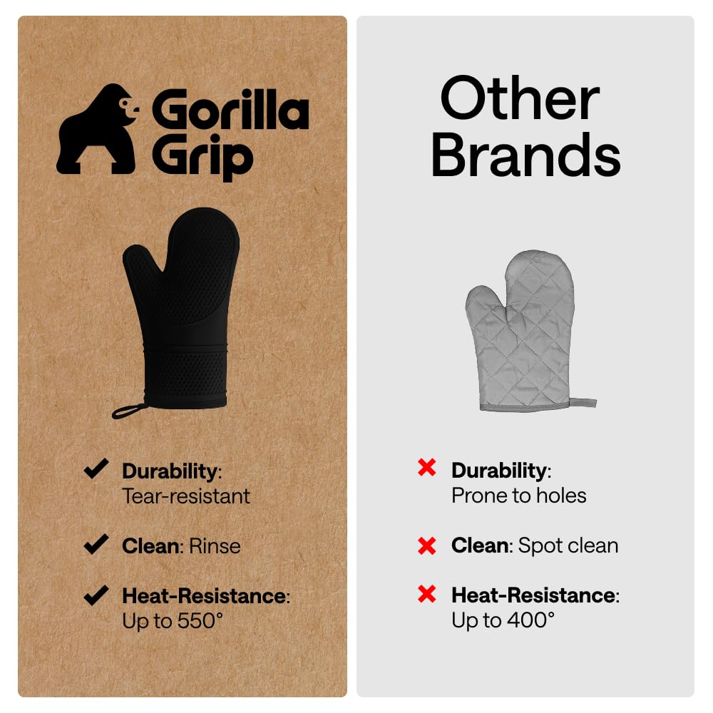 GORILLA GRIP BPA-Free Soft Silicone Oven Mitts, 550F Heat Resistant Waterproof Cooking Safety Gloves, Thick Cotton Lining, Flexible Gripping for BBQ Grilling, Kitchen Potholders Set, 12.5x8.3, Black