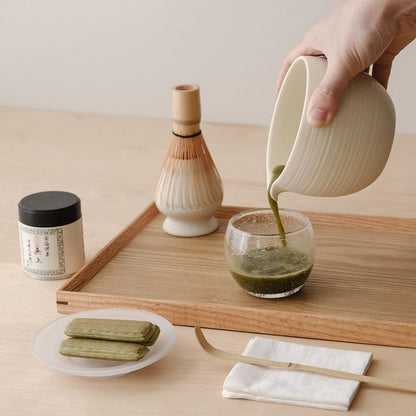 Matcha Whisk Set, Ceramic Matcha Bowl & Whisk Holder, Bamboo Accessory, Modern Design (Matte Crème, Pouring Spout) (Matte Crème)