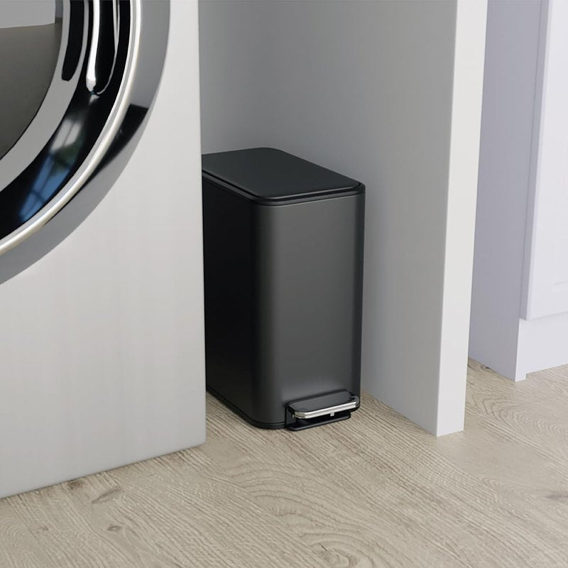 Glad Slim Bathroom Trash Can - Small Garbage Pail with Soft Close Lid & Step Foot Pedal | Narrow Black Metal Waste Basket with Removable Inner Bucket, 2.6 Gallon