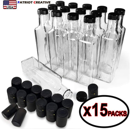 Quadra Bottles 8.5 Oz - 15 Sets of Premium Glass Square Bottles with Leak Proof Airtight Caps, Black