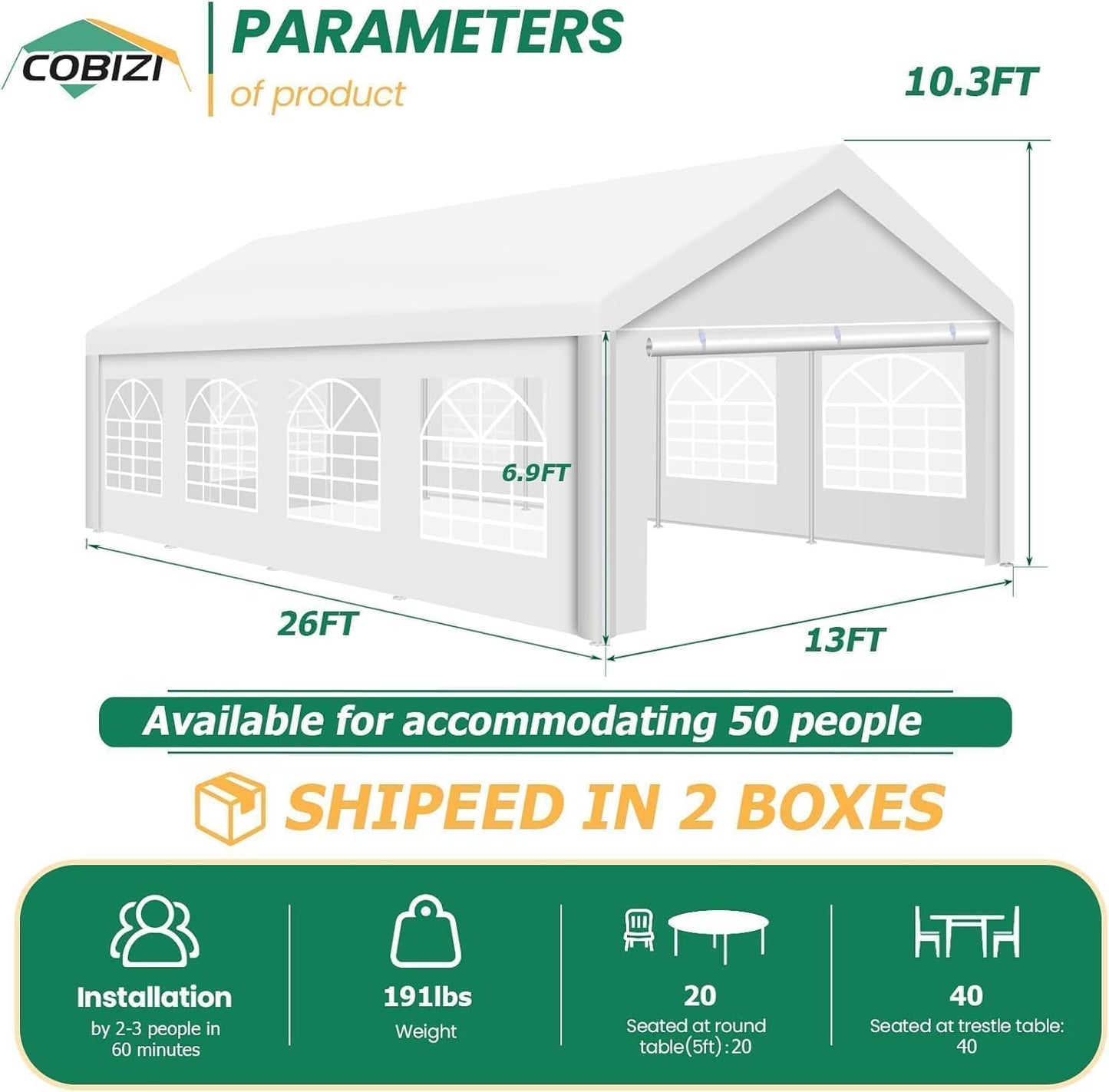COBIZI 13x26 Party Tent Heavy Duty for Parties, Powder Coating (Better Than Galvanized), Large Outdoor Event Gazebo with Removable Sidewall & Built-in Sandbag, Waterproof for Church & Wedding, White