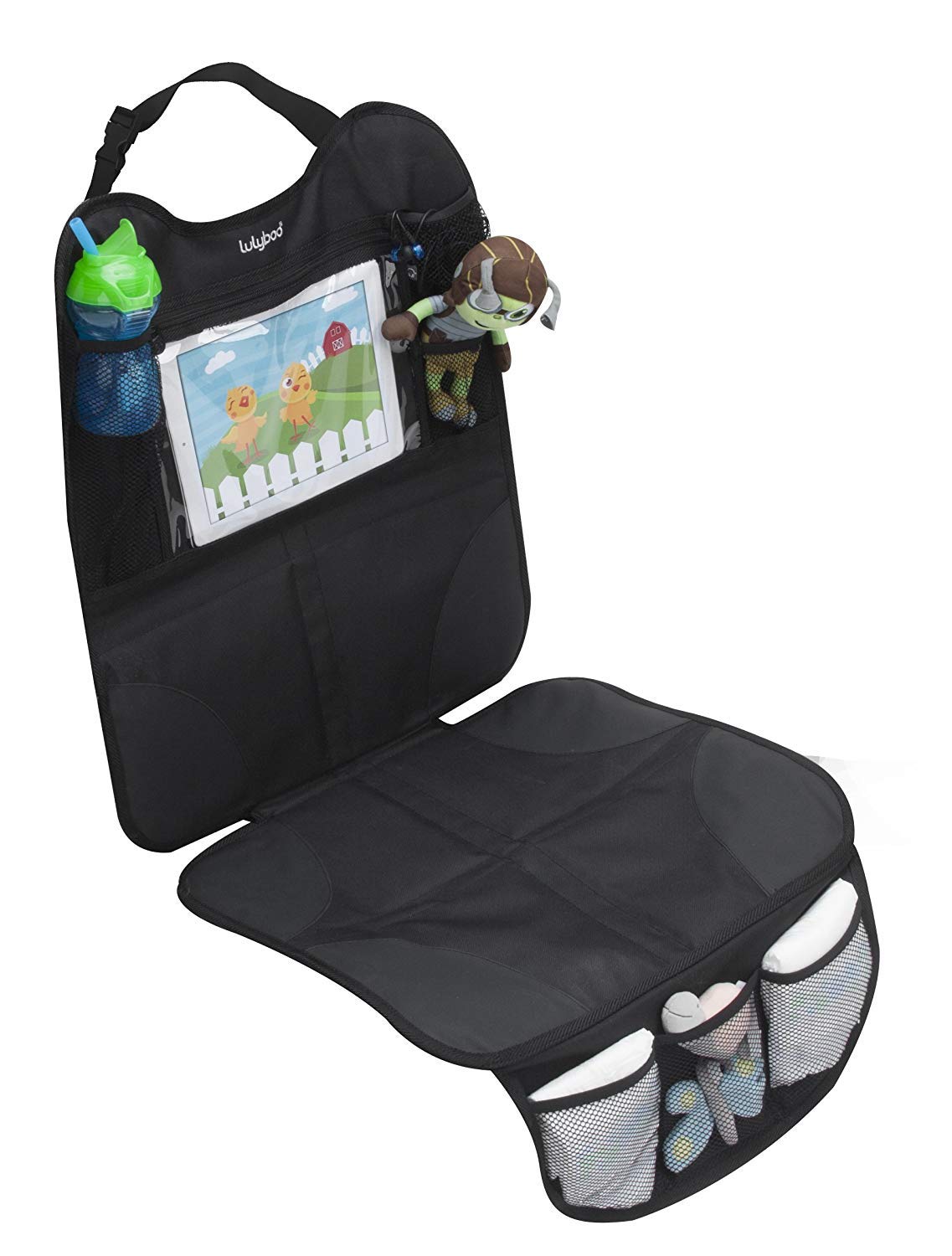Lulyboo Car Seat Protector & Organizer for Baby & Toddler - Back Seat Storage, Kick Mat with Tablet Holder, Toys & Essentials, Fits All Vehicles, Durable Nylon, Black