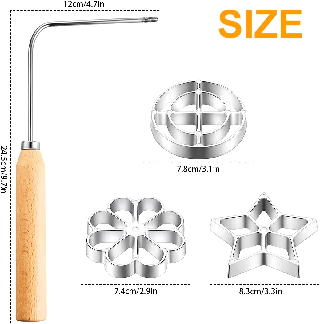 Bunuelos Mold with Handle, Aluminium Cast Waffle Molds Set for Rosette Cookies with 3 Interchangeable Heads