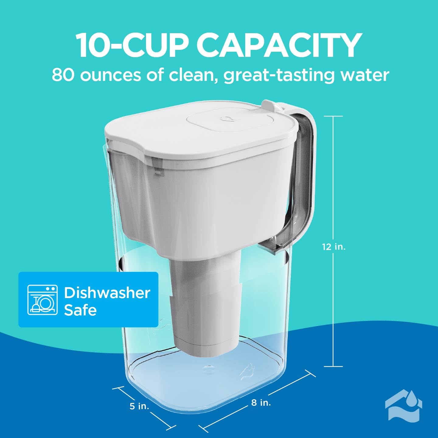 HOMEWATER 10-Cup Pitcher Filter (White) – BPA-Free, High-Capacity 2.4L Pitcher with Fast-Flow Carbon Filter, Wide Mouth for Easy Pouring, Removable Filter Replacement, Locking Lid, and Dishwasher-Safe
